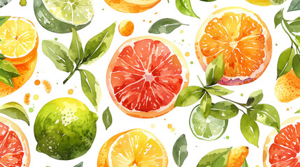 pattern of watercolor illustrations of citrus fruits and leaves, featuring oranges, limes, grapefruits and lemons along with greenery on a white background, Generative AI