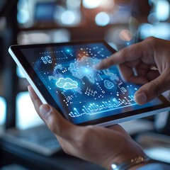 A hand interacting with a tablet displaying digital data and analytics, showcasing modern technology and innovation.