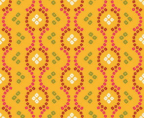 Indian Traditional Chunri Bandhani Design Allover Seamless Repeat Pattern On Yellow Background