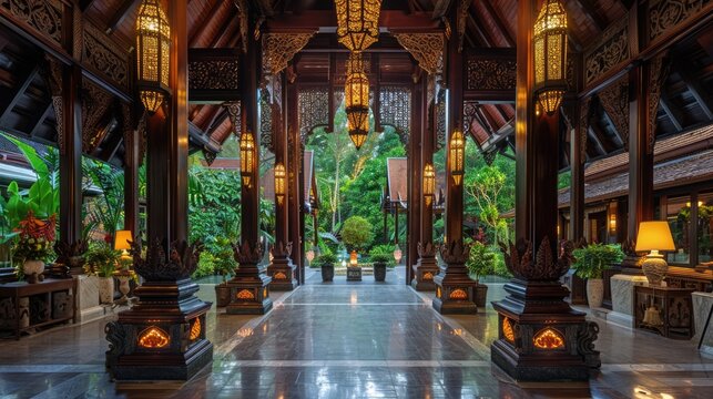 Luxurious Grand Entranceway with Wooden Columns, Orchids, and Thai Music Creating Tranquil Ambiance