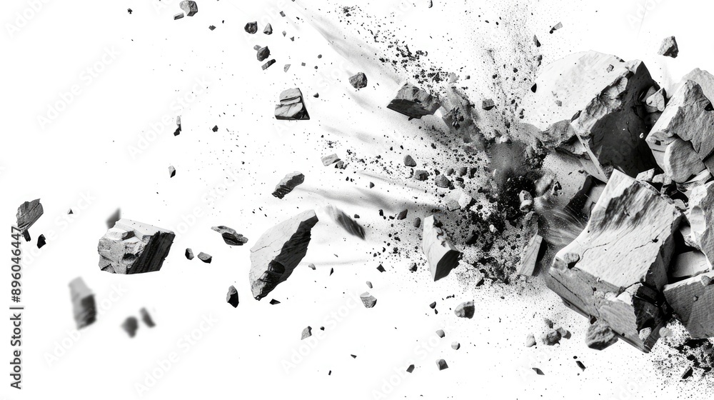 Poster white background with flying stones and dust, creating a dramatic and dynamic rock splash effect