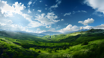 Expansive green valley under a bright blue sky with fluffy white clouds.