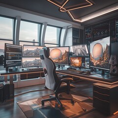Futuristic Workspace with Multi-Screen Setup