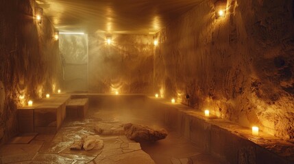 Obraz premium Serene Herbal Sauna with River Stones and Candlelight for Deep Relaxation