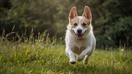 Happy white dog running through grass field