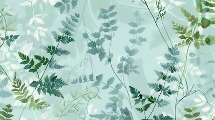 A minimal botany pattern, elegant vines and ferns, flowing across a soft blue background