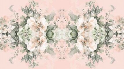 A minimal botany pattern, intricate floral motifs, arranged symmetrically on a pale pink background