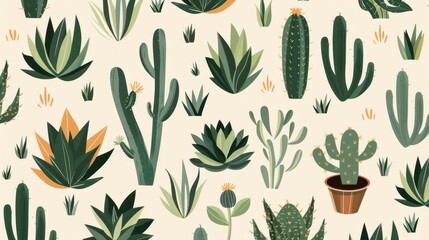 A minimal botany pattern, stylized succulents and cacti, evenly arranged on a light beige background
