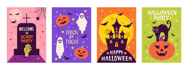 Happy Halloween party posters or flyers set. Vector illustration with pumpkin, ghost, moon, bat, and spiders web