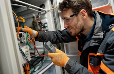 Technician working on electrical panel with tools and safety equipment