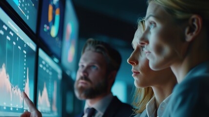 A photograph of a business team analyzing return rates, close-up, animated conversation