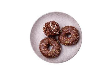 Delicious fresh donuts with filling and chocolate coating