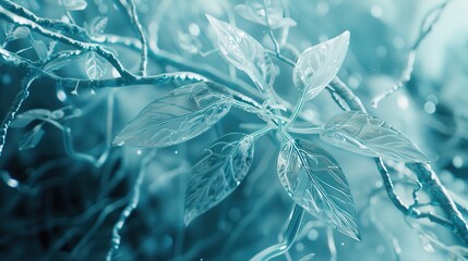 A photographic close-up of a futuristic plant, bioluminescent leaves, intricate root system intertwined with advanced nanotechnology