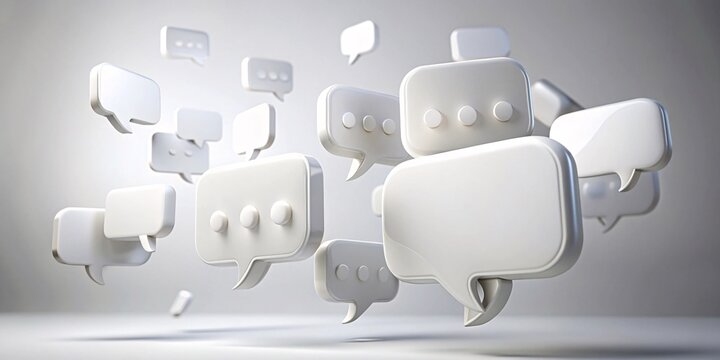 Floating Speech Bubbles. A visually striking collection of white speech bubbles suspended in a soft, neutral background, symbolizing communication and dialogue in a modern digital context. 
