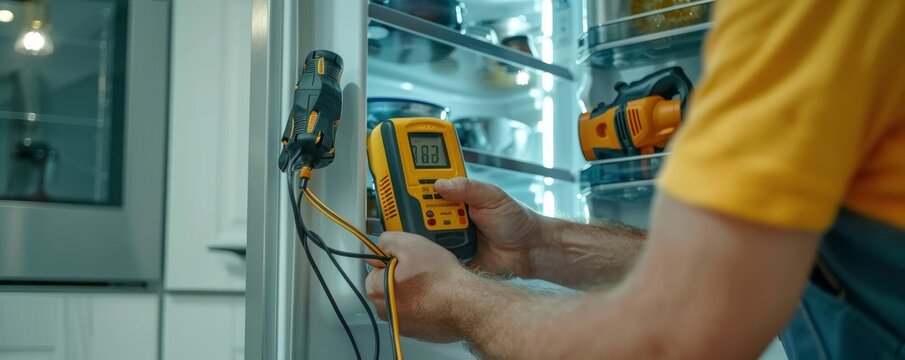 Technician using an electricity multimeter to check the refrigerator for electrical faults
