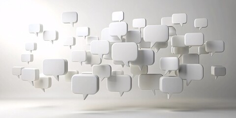 Obraz premium Floating Speech Bubbles. A visually striking collection of white speech bubbles suspended in a soft, neutral background, symbolizing communication and dialogue in a modern digital context. 