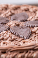 Chocolate bundt cake drizzled with chocolate ganache glaze.Front view of a triple layered chocolate cake .