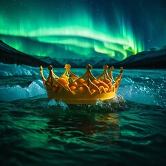 splash water, Apricot surrounded in a crown of ice water, with a background of the Northern Lights illuminating the sky.