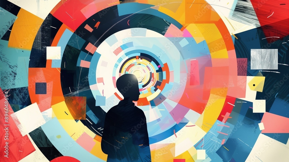 Poster a silhouette of a person stands before a vibrant, looping spiral, symbolizing the concept of loops i