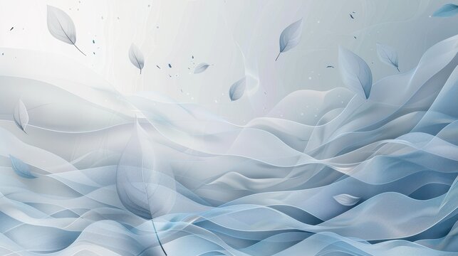 An abstract vector background, minimalistic with scattered leaf elements, pastel colors, and delicate lines