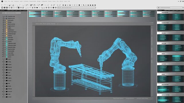 3D render of application prototype managing robot arms screwing solar panels during factory production. 3D animation of software giving commands to equipment used in photovoltaics development