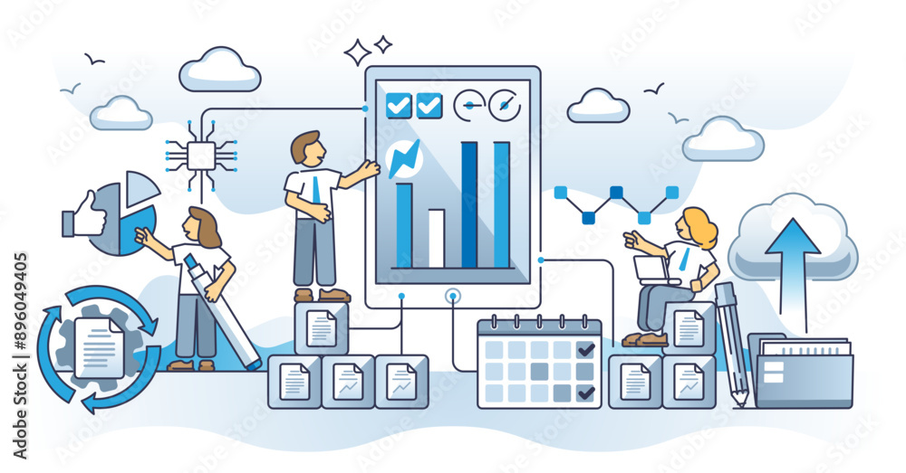 Poster digital transformation in business with document automation outline concept, transparent background.