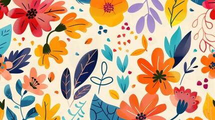 Vibrant and playful abstract floral pattern with various shapes and leaves on a light background, perfect for modern designs.
