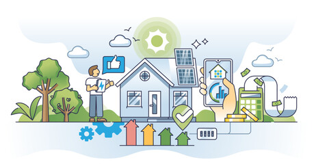 Home energy green audits with cost efficiency calculations outline concept, transparent background. House insulation, electricity usage.