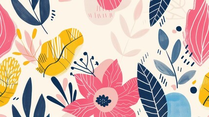 Naklejka premium Vibrant and playful abstract floral pattern with various shapes and leaves on a light background, perfect for modern designs.