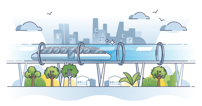 Hyperloop train transportation with high speed express outline concept, transparent background. Futuristic travel technology and underground tube for modern magnetic railway illustration.