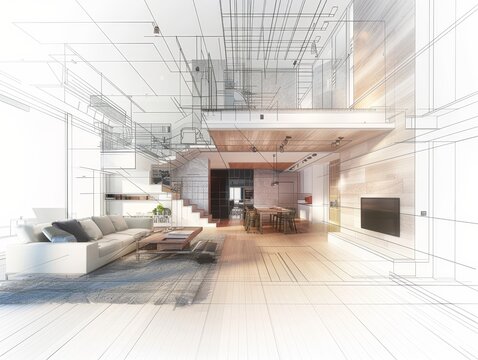 Architectural concept banner for home interior renovation with realistic and wireframe design