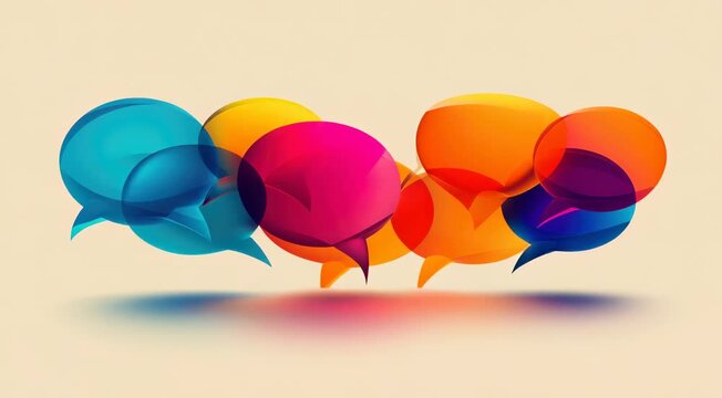 Abstract illustration featuring overlapping colorful speech bubbles on a light background. The bubbles are in shades of blue, orange, pink, and yellow.