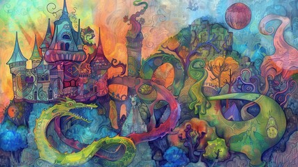 Naklejka premium A child's drawing, multicolored, organic shapes, imaginative lines