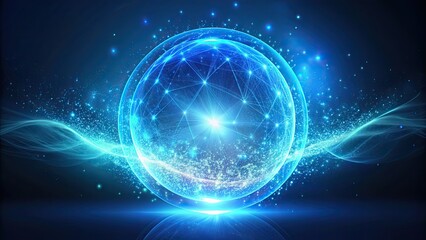 Obraz premium Abstract round blue sphere emitting bright glowing energy and magic waves with particles and dots in the background, energy, magic