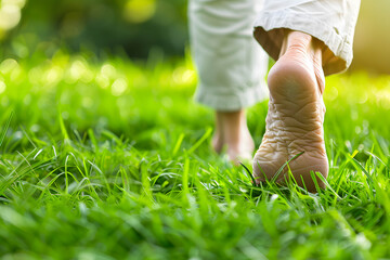 Elderly society or aging society, having a healthy body and happy retirement, therapy and reduce stress in living, the bare feet of an elderly person walk on the green grass