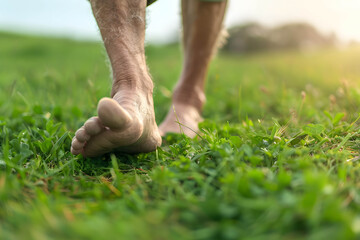 Elderly society or aging society, having a healthy body and happy retirement, therapy and reduce stress in living, the bare feet of an elderly person walk on the green grass