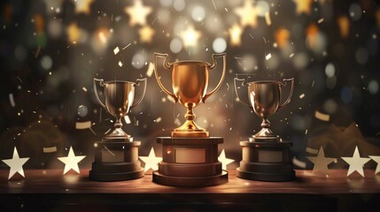 Winner's podium with gold, silver, and bronze trophies, perfect for award ceremony backgrounds and sport event displays