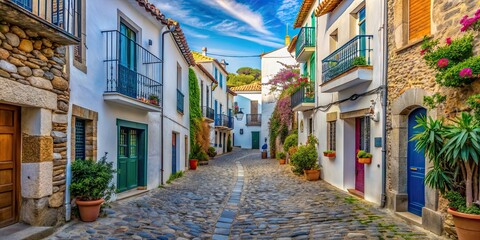 Obraz premium Old town street in Cadaques, Spain with colorful buildings and cobblestone path, Cadaques, Spain