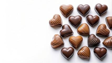 Heart shaped chocolates on a white background , Valentine's Day, sweets, romantic, love, confectionery, dessert