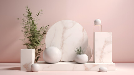 Fototapeta premium 3D display abstract geometry ball and square of mable with soft pink background in the modern style