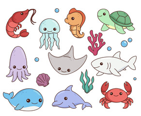 Marine animals, set of cute simple children cartoon illustrations, kawaii vector drawings