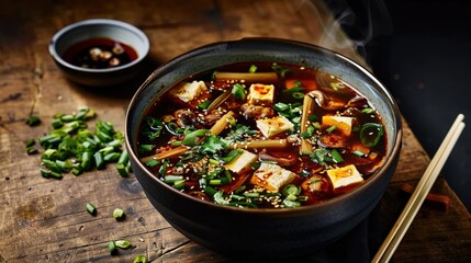 Artistic Composition of Chinese Hot and Sour Soup on Wooden Table Background
