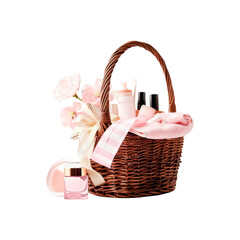 Basket with flowers and cosmetics. Isolated on transparent background.