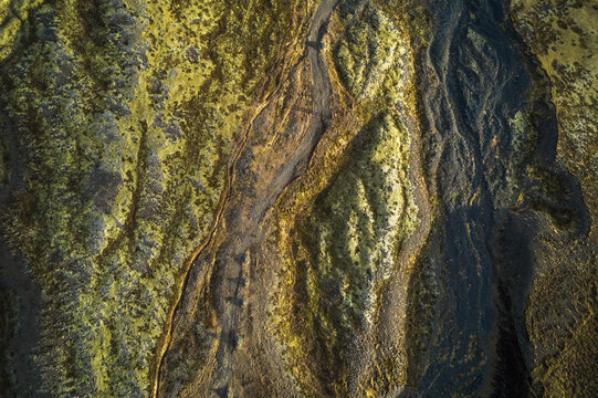 Aerial view of abstract geological terrain in Hellnar, Arnarstapi, Western Iceland.
