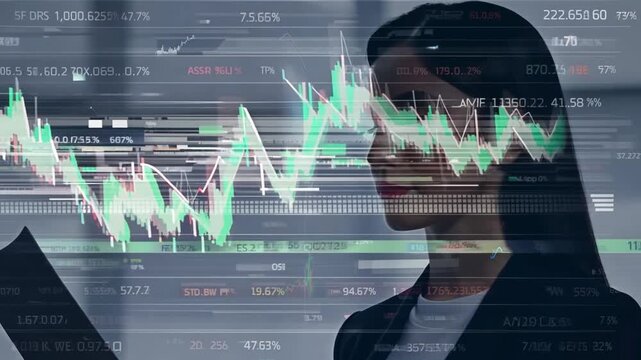 A woman's silhouette is superimposed over a computer screen displaying financial charts and data, suggesting the intricacies of financial analysis.