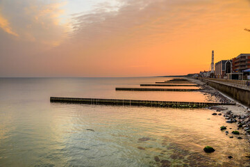View of promenade of resort town of Zelenogradsk on the coast of Baltic sea at sunrise. Russia