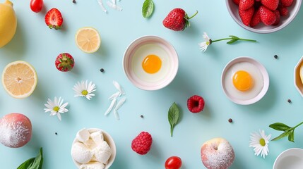 Elegant Food Flat Lay with Minimalist Style on Clean Background and Perfect Illumination.