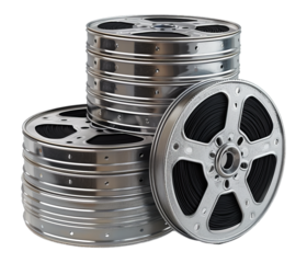 A collection of vintage film reels, stacked and arranged in a visually appealing manner, evokes nostalgia for the golden age of cinema.
