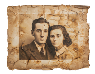 A faded photograph of a romantic couple evokes bittersweet nostalgia against a transparent background.