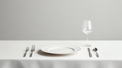 High-resolution capture of a sparse dining setup, single place setting, white tablecloth